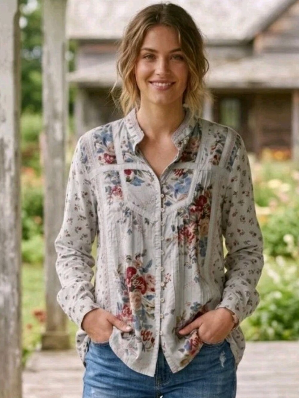 Faded Glory Women's Plus 18-20W Floral Button Front Blouse Prairie Cottagecore